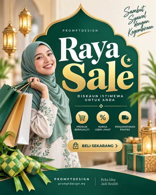 Poster Raya Sale Elegan Bertema Hijau dan Emas